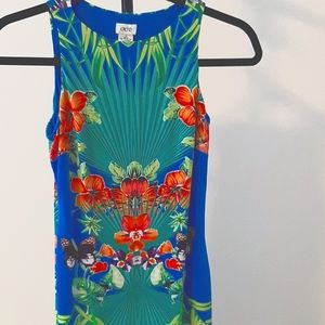 Cache tropical print sleeveless sheath dress.